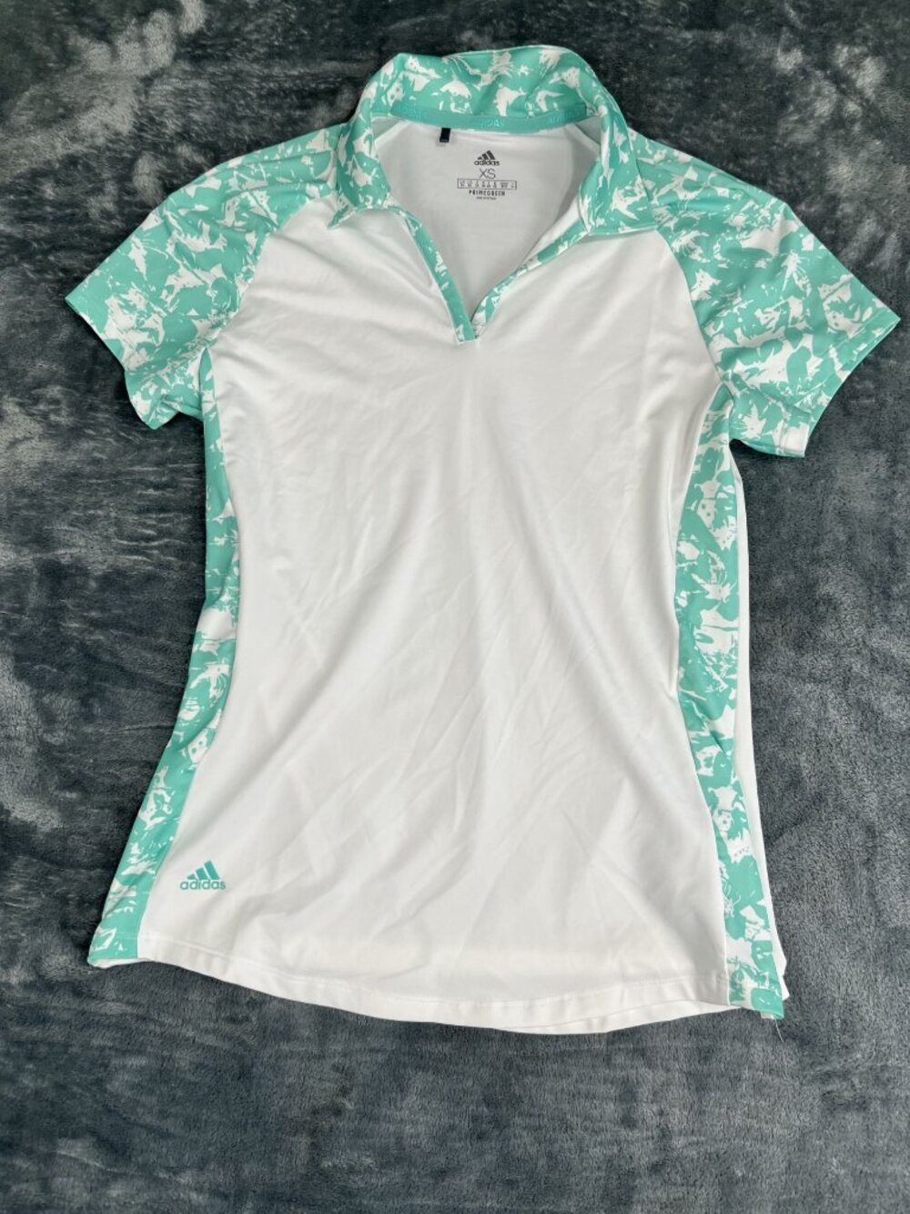 Adidas Womens XS Polo Shirt White & Mint Green Abstract Design